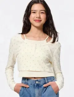 【新品タグ付】定価1,990円 クロップド丈2ピースワッフルヘンリーネック花柄