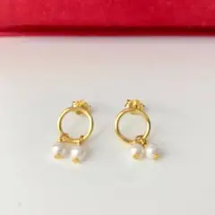 新品 18KGP 淡水 ベビーパールドロップピアス