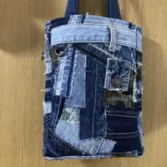ハンドメイド　デニムミニバッグ　リメイク パッチワークa249