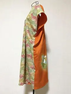 着物リメイクオレンジと緑の花柄チュニックワンピース