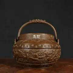 銅製 双竜鳳提梁炉 手炉 薫香炉 香具 茶道具 工芸品 置物