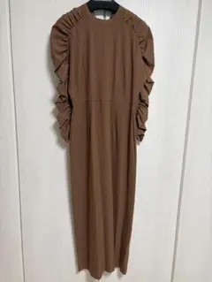 ICHIE ストロベリーフィールズ フリル袖ブラウンロングワンピース