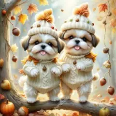 秋のニット＊シーズー＊17×17cm／6柄パネル生地