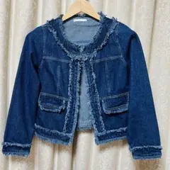 新品　ジージャン　デニム　ノーカラー　ブルー　レディース　デニムジャケット M