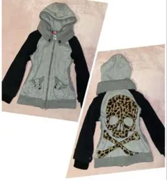 女児古着y2k♡ファースカル柄フードジップパーカー