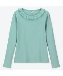 【新品】ユニクロ　キッズ リブフリル長袖Tシャツ グリーン 160サイズ