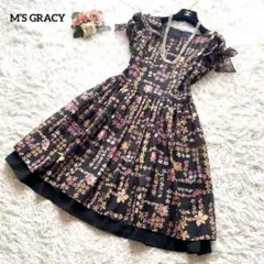 2点セット✨エムズグレイシー　ワンピース　花柄　袖リボン　シフォン　38 M