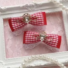 【24H以内発送】天使の羽ギンガム赤♡ヘアクリップ リボン 量産型 エンジェル