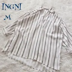 【イング】ストライプ 7分袖 スキッパー シャツ ブラウス M 上品 きれいめ