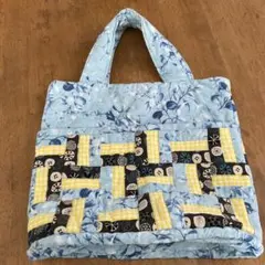 青と黄色のパッチワークトートバッグ