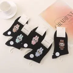 新品　ラブブ LABUBU柄　黒5点セットキャラクターレディースソックス女性靴下