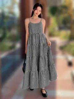 SHEIN DAZY XL ギンガムチェック ティアードワンピース ブラック