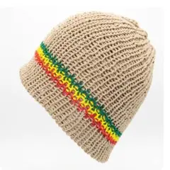 さもこ様♡リクエスト品 ラスタカラー細ラインベージュ♡春夏 サマーニット帽１点