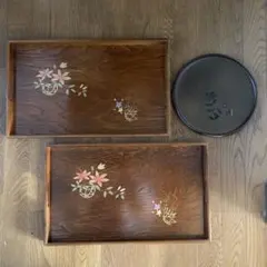 会津塗　木製盆 花の蒔絵　落款あり 会津塗 木製盆 花の蒔絵 落款あり