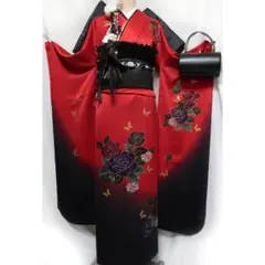 ◇ 振袖セット ◇161cm墨黒フルセットギャル個性派金正絹ブラック系