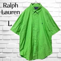 ラルフローレンゴルフ◆半袖チェックシャツ(L)黄緑　 ゆったり　ゴルフ　古着