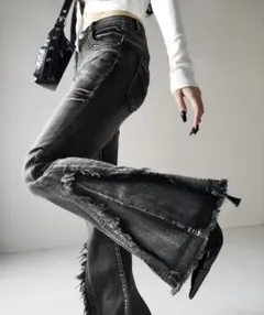 ヴィンテージライクフリンジストレッチフレアデニム