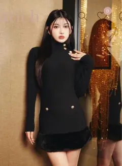 ダーリッチ　ヘムファーニットミニワンピースFLブラック Darich