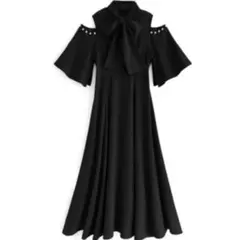 ボウタイ付きショルダーオープンパールフレアワンピースS　2way　新品タグ付き