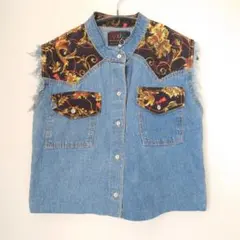 アメリカ製✨ROUTE66 デニムベスト　古着　バロック風柄　М