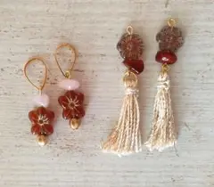 【ss41】カーネリアン×ローズクォーツさざれ石とチェゴビーズの赤いピアスセット