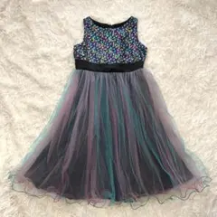 キッズ フォーマルドレス 黒スパンコール×カラフルチュール リボン付き 発表会