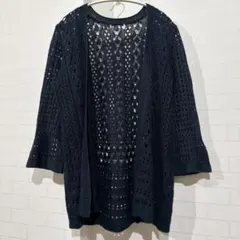 ネイビー 透かし編み 長袖カーディガン【M相当】春アウター 春服