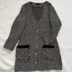 ZARA ツイードジャケット ノーカラーロングコート　ボタン　L
