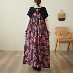 【新品】大きいサイズ 4L5L春夏 半袖 花柄レッド系ロングワンピースゆったり