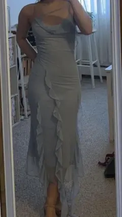 cider フリル付きライトブルーロングドレス　ブルー