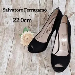 サルヴァトーレフェラガモ 22 オープントゥ スエード パンプス 黒