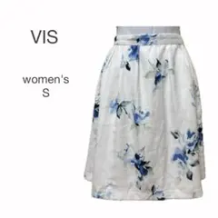VIS フレアスカート ウエストゴム S 花柄 白系 爽やか 可愛い