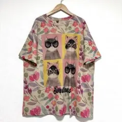 キャット＆フラワーTシャツ＊シアー トップス