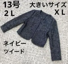 【大きいサイズ】 13号　2 L ノーカラー　ジャケット　ツイード　ネイビー