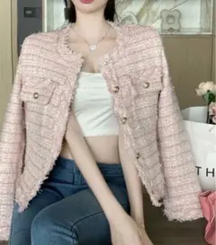 ピンク ツイード ノーカラージャケット