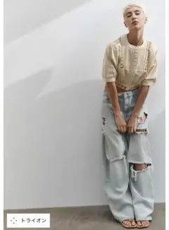 ZARAダメージ加工バギーミッドライズデニムパンツ