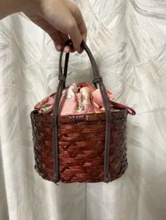 竹製 赤 かごバッグ 和風柄 巾着付き