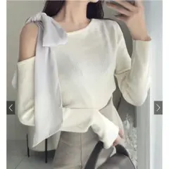 ワンショルダーリボンリブニットトップス[tu1405]