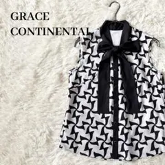 美品 グレースコンチネンタル 幾何学柄ブラウス ノースリーブ リボンタイ 白黒