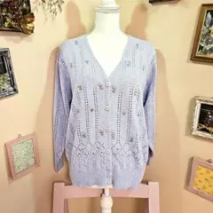 昭和レトロ ヴィンテージ薄紫 花柄刺繍 ニットカーディガン