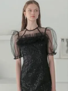 チュールフラワースパンコールIラインワンピースドレス結婚式パーティー成人式二次会