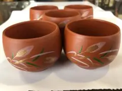 【美品】和風 茶器 湯のみ 急須 手描き風 絵柄入り テラコッタ 陶器製