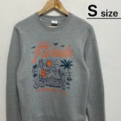 USA古着 スウェット S グレー オレンジプリント ワニ ビーチ 裏起毛 長袖