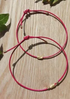 ピンク牛革レザー×真鍮 ブレスレット 2本セット（サイズ調整可）