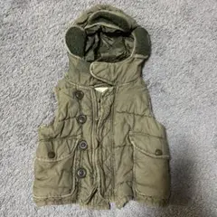デニムダンガリー　カーキ色フード付き ダウンベスト 90