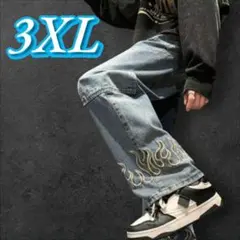 新品 3XL メンズ デニム ライトブルー ストリート ファイヤー柄