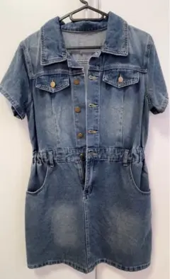 デニムブルー 半袖ミニワンピースデニムワンピース