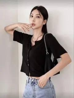 リブ編み ブラック ショート丈 トップス L Dazy