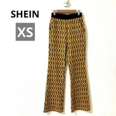 シーイン　ニットパンツ　幾何学模様　総柄　カジュアル　フィット感　秋冬　黄　XS