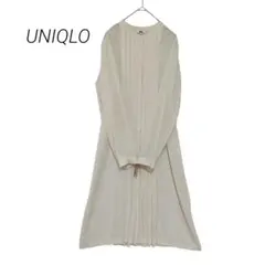 ユニクロ✳️プリーツノーカラー ワンピース【M】オフホワイト ロングカーディガン